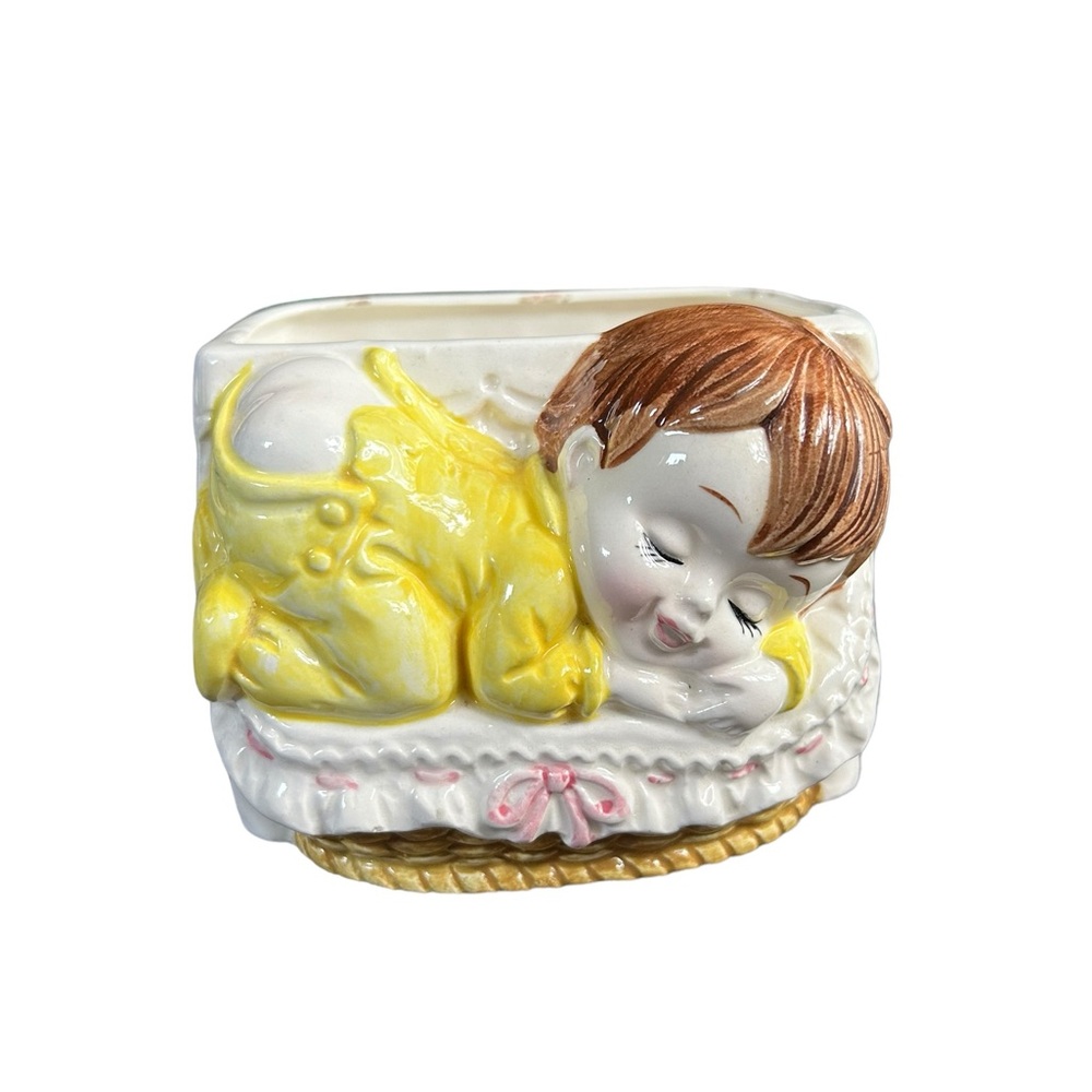 SALE VTG MCM Kitsch Ceramic Sleeping Baby Bassinet Planter Retro Nursery Decor